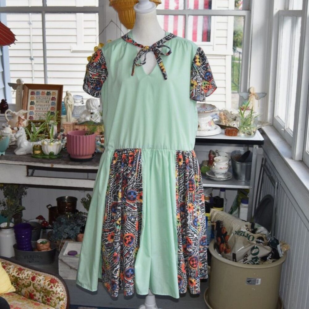 Vintage 90s Southwest Dress XL 1X Mint Green Geometric Print Midi Dress